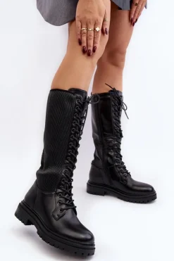 Outlet Boto Sznurowane Kozaki Glany Przed Kolano Czarne Idandrou