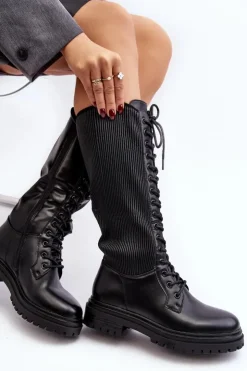 Outlet Boto Sznurowane Kozaki Glany Przed Kolano Czarne Idandrou