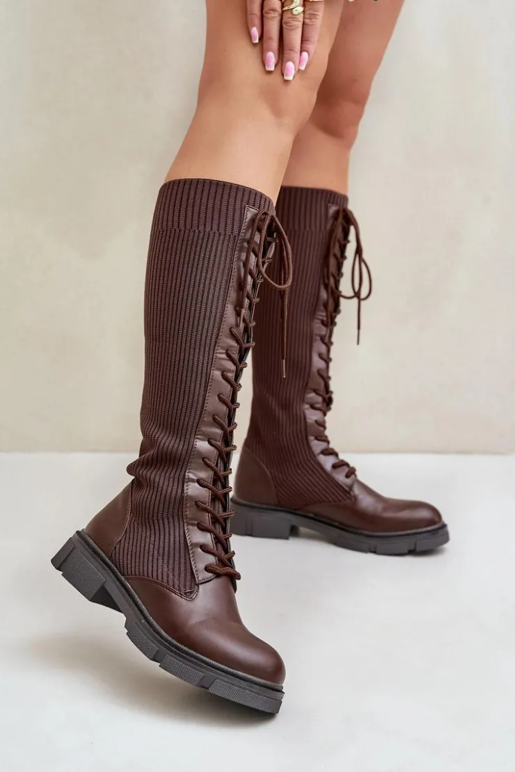Sale Boto Sznurowane Kozaki Z Elastyczną Cholewką Brązowe Vamilena