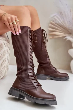 Sale Boto Sznurowane Kozaki Z Elastyczną Cholewką Brązowe Vamilena