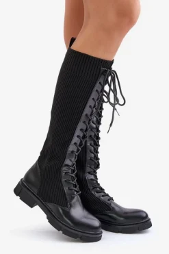 Boto Kozaki Ocieplane|Kozaki Wiosenne*Sznurowane Kozaki Z Elastyczną Cholewką Czarne Vamilena Czarny