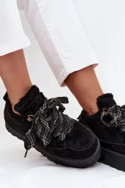 Boto Śniegowce Damskie*Sznurowane Śniegowce Damskie Na Platformie Ocieplane Futerkiem Czarne Tavelle