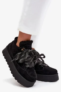 Boto Śniegowce Damskie*Sznurowane Śniegowce Damskie Na Platformie Ocieplane Futerkiem Czarne Tavelle