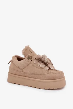 Damskie Boto Sznurowane Śniegowce Damskie Na Platformie Ocieplane Futerkiem Beżowe Tavelle