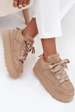 Damskie Boto Sznurowane Śniegowce Damskie Na Platformie Ocieplane Futerkiem Beżowe Tavelle