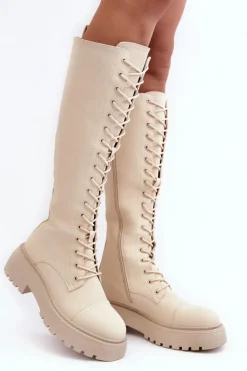 Best Boto Sznurowane Ocieplane Kozaki Glany Przed Kolano Beżowe Bergdis