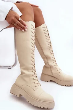 Best Boto Sznurowane Ocieplane Kozaki Glany Przed Kolano Beżowe Bergdis