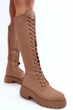 Boto Kozaki Wiosenne|Kozaki Płaskie*Sznurowane Ocieplane Kozaki Glany Przed Kolano Ciemnobeżowe Bergdis
