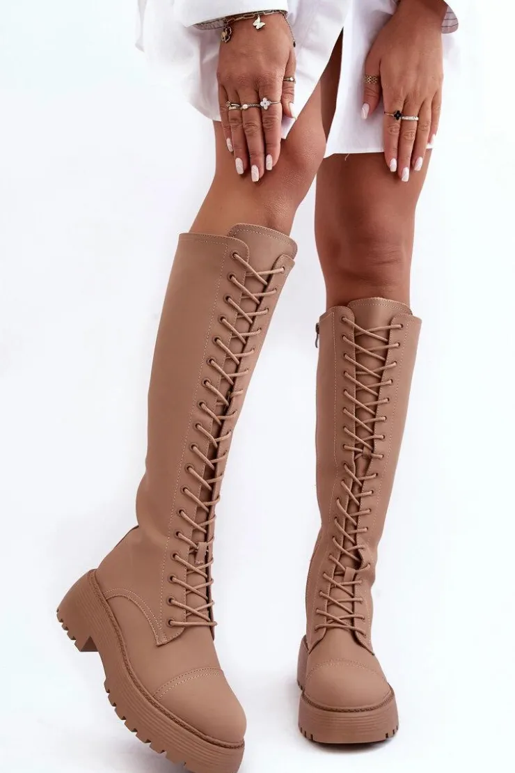 Boto Kozaki Wiosenne|Kozaki Płaskie*Sznurowane Ocieplane Kozaki Glany Przed Kolano Ciemnobeżowe Bergdis