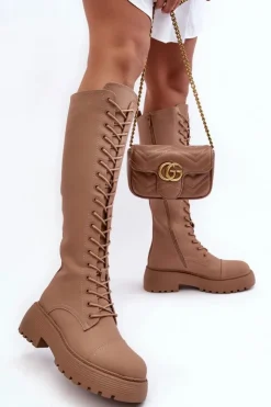 Boto Kozaki Wiosenne|Kozaki Płaskie*Sznurowane Ocieplane Kozaki Glany Przed Kolano Ciemnobeżowe Bergdis