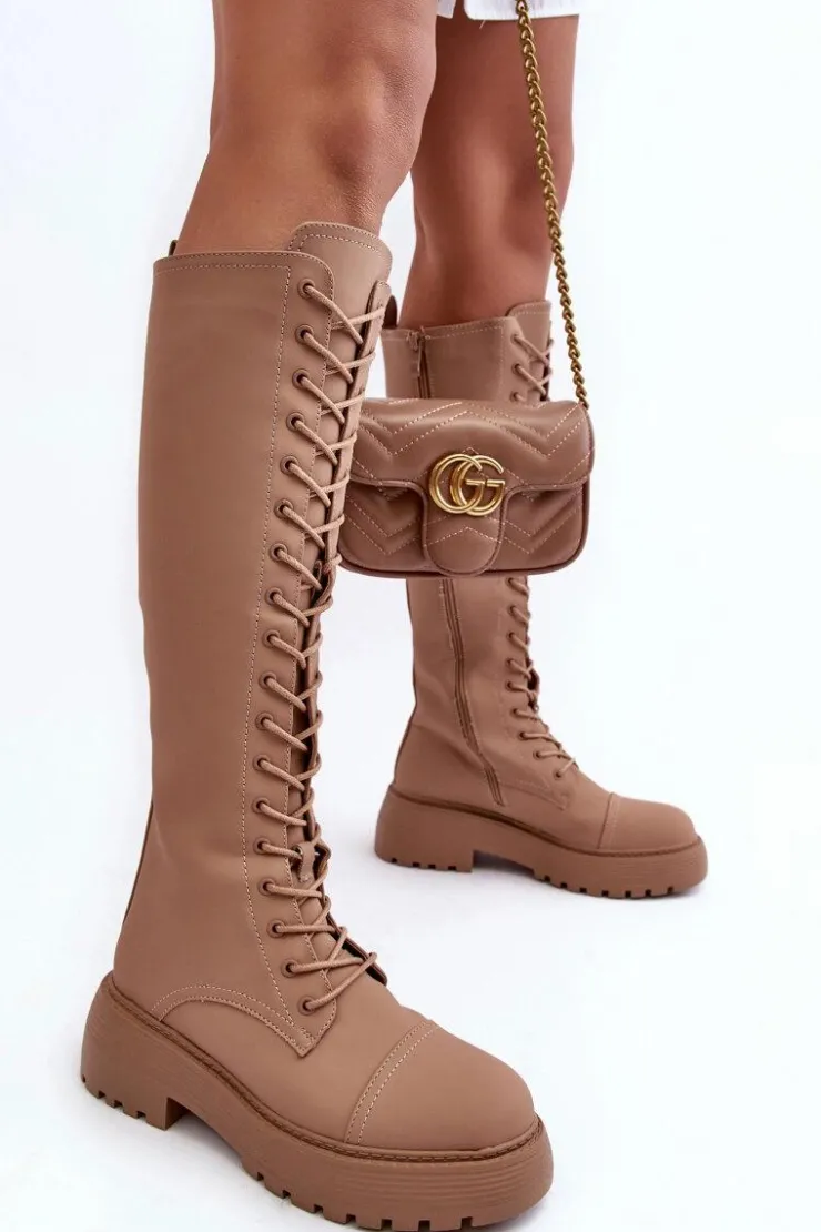 Boto Kozaki Wiosenne|Kozaki Płaskie*Sznurowane Ocieplane Kozaki Glany Przed Kolano Ciemnobeżowe Bergdis