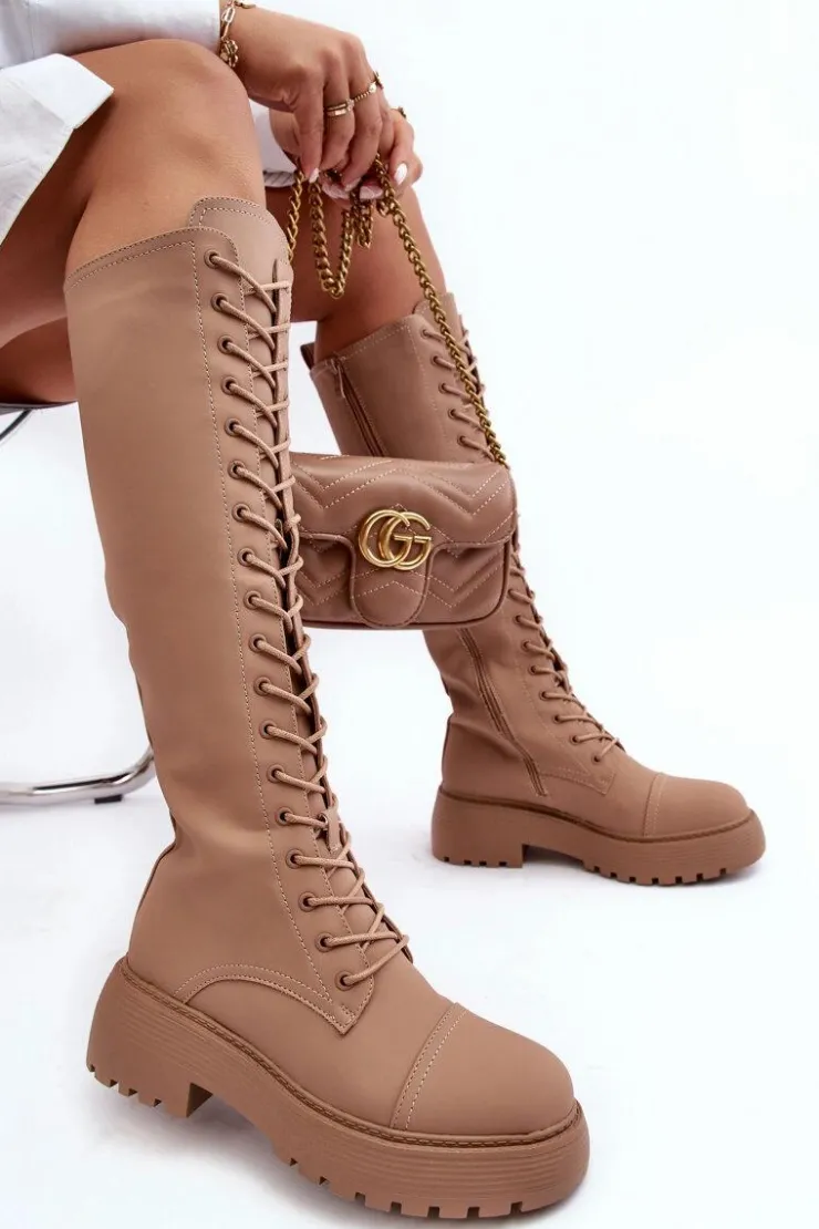 Boto Kozaki Wiosenne|Kozaki Płaskie*Sznurowane Ocieplane Kozaki Glany Przed Kolano Ciemnobeżowe Bergdis