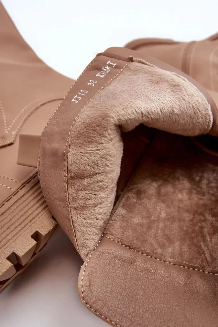 Boto Kozaki Wiosenne|Kozaki Płaskie*Sznurowane Ocieplane Kozaki Glany Przed Kolano Ciemnobeżowe Bergdis