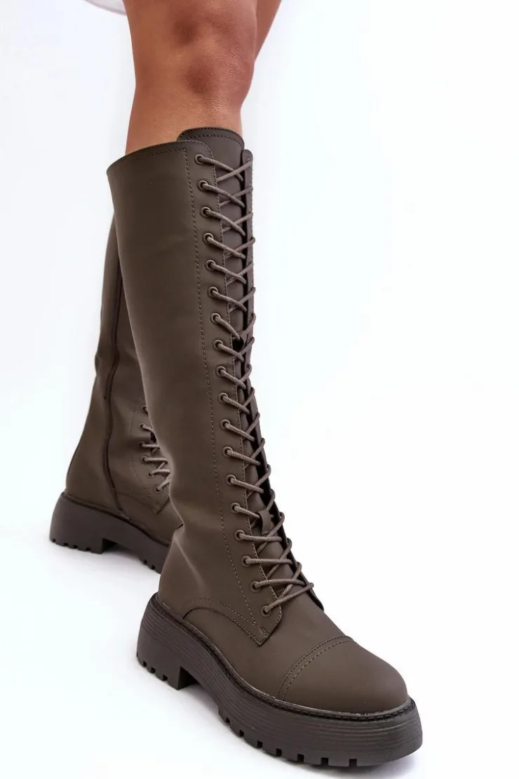 Hot Boto Sznurowane Ocieplane Kozaki Glany Przed Kolano Ciemnozielone Bergdis