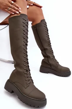 Hot Boto Sznurowane Ocieplane Kozaki Glany Przed Kolano Ciemnozielone Bergdis