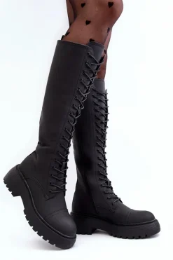 Damskie Boto Sznurowane Ocieplane Kozaki Glany Przed Kolano Czarne Bergdis