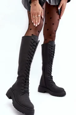 Damskie Boto Sznurowane Ocieplane Kozaki Glany Przed Kolano Czarne Bergdis