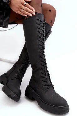 Damskie Boto Sznurowane Ocieplane Kozaki Glany Przed Kolano Czarne Bergdis