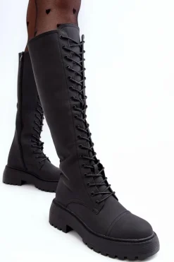 Damskie Boto Sznurowane Ocieplane Kozaki Glany Przed Kolano Czarne Bergdis