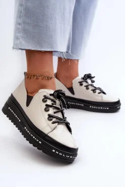 Damskie buty S.Barski Półbuty Skórzane*Sznurowane Półbuty Damskie Na Platformie Skóra Naturalna S.Barski LR620 Beżowe