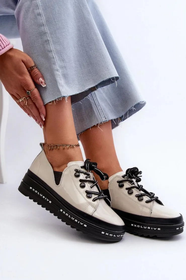 Damskie buty S.Barski Półbuty Skórzane*Sznurowane Półbuty Damskie Na Platformie Skóra Naturalna S.Barski LR620 Beżowe