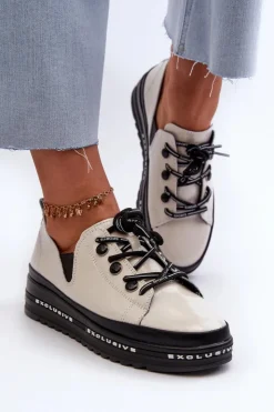 Damskie buty S.Barski Półbuty Skórzane*Sznurowane Półbuty Damskie Na Platformie Skóra Naturalna S.Barski LR620 Beżowe