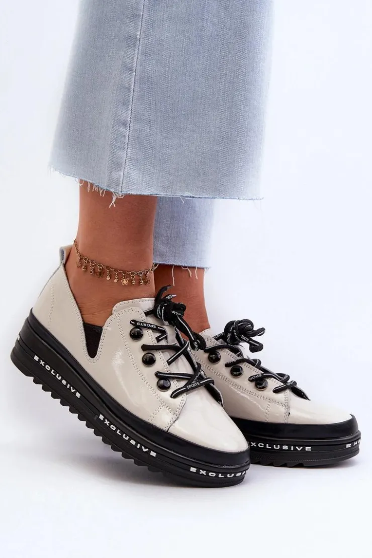 Damskie buty S.Barski Półbuty Skórzane*Sznurowane Półbuty Damskie Na Platformie Skóra Naturalna S.Barski LR620 Beżowe