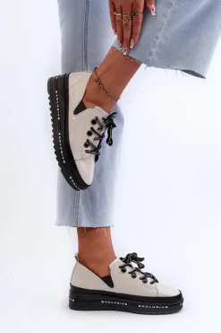 Damskie buty S.Barski Półbuty Skórzane*Sznurowane Półbuty Damskie Na Platformie Skóra Naturalna S.Barski LR620 Beżowe