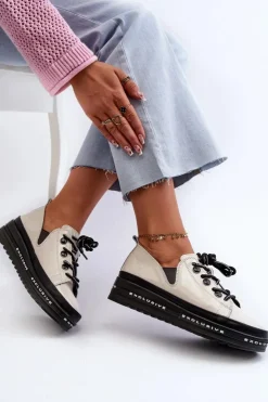 Damskie buty S.Barski Półbuty Skórzane*Sznurowane Półbuty Damskie Na Platformie Skóra Naturalna S.Barski LR620 Beżowe