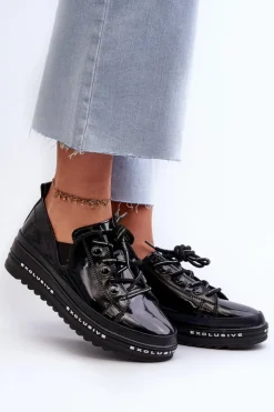 Damskie buty S.Barski Półbuty Skórzane*Sznurowane Półbuty Damskie Na Platformie Skóra Naturalna S.Barski LR620 Czarne Czarny