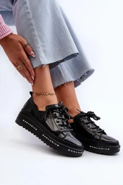 Damskie buty S.Barski Półbuty Skórzane*Sznurowane Półbuty Damskie Na Platformie Skóra Naturalna S.Barski LR620 Czarne Czarny