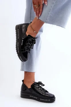 Damskie buty S.Barski Półbuty Skórzane*Sznurowane Półbuty Damskie Na Platformie Skóra Naturalna S.Barski LR620 Czarne Czarny