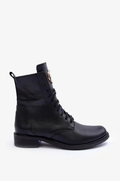 Damskie Boto Sznurowane Skórzane Botki Z Ozdobą Czarne Nicole 2750