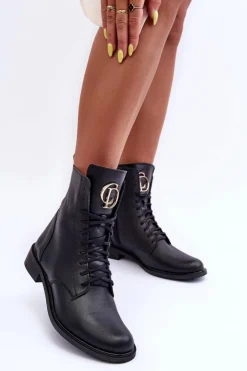 Damskie Boto Sznurowane Skórzane Botki Z Ozdobą Czarne Nicole 2750