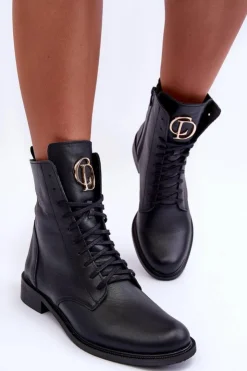 Damskie Boto Sznurowane Skórzane Botki Z Ozdobą Czarne Nicole 2750