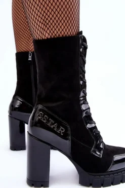 Boto Botki Ocieplane|Botki Na Słupku*Sznurowane Skórzane Botki Na Masywnym Słupku Czarne Khariah Czarny