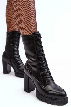 Clearance Boto Sznurowane Skórzane Botki Na Masywnym Słupku Czarne Khariah