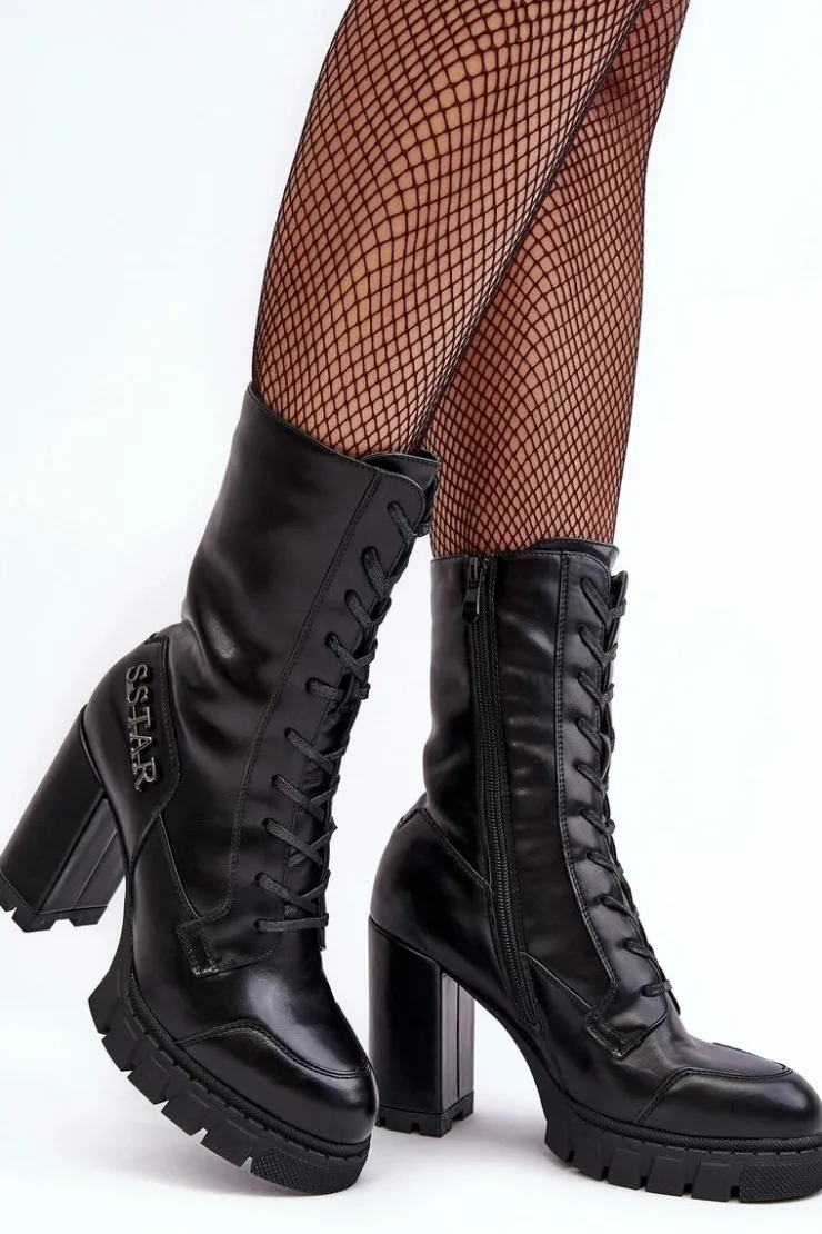 Clearance Boto Sznurowane Skórzane Botki Na Masywnym Słupku Czarne Khariah