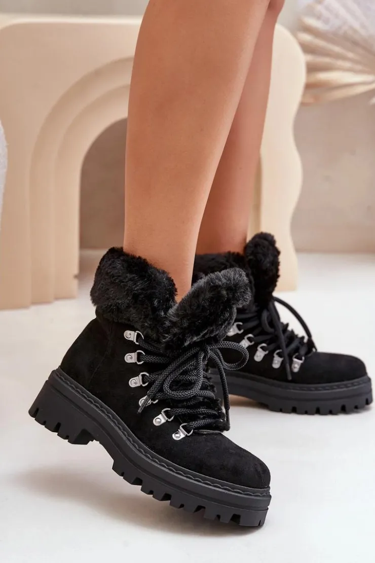 Boto Sznurowane Trapery Damskie Z Futerkiem Czarne Vaminia Czarny