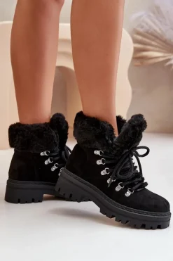 Boto Sznurowane Trapery Damskie Z Futerkiem Czarne Vaminia Czarny