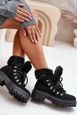 Boto Sznurowane Trapery Damskie Z Futerkiem Czarne Vaminia Czarny