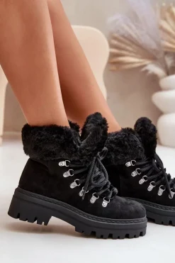 Boto Sznurowane Trapery Damskie Z Futerkiem Czarne Vaminia Czarny