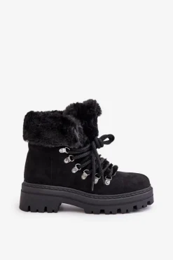 Boto Sznurowane Trapery Damskie Z Futerkiem Czarne Vaminia Czarny