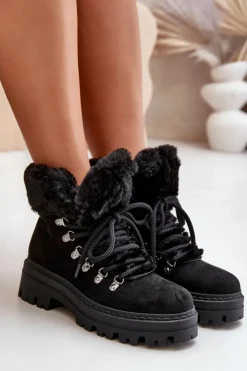 Boto Sznurowane Trapery Damskie Z Futerkiem Czarne Vaminia Czarny