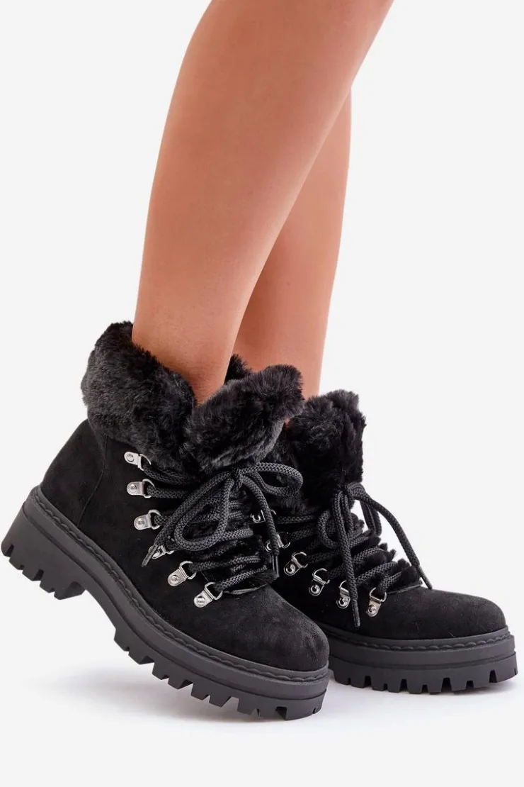 Boto Sznurowane Trapery Damskie Z Futerkiem Czarne Vaminia Czarny