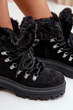Boto Sznurowane Trapery Damskie Z Futerkiem Czarne Vaminia Czarny