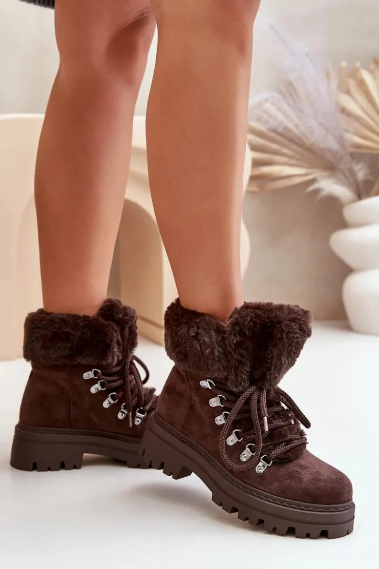 Clearance Boto Sznurowane Trapery Damskie Z Futerkiem Ciemnobrązowe Vaminia Brązowy