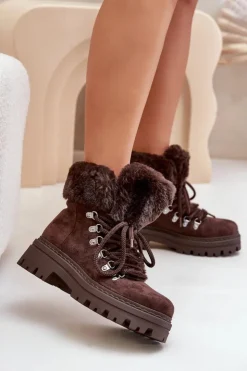Clearance Boto Sznurowane Trapery Damskie Z Futerkiem Ciemnobrązowe Vaminia Brązowy
