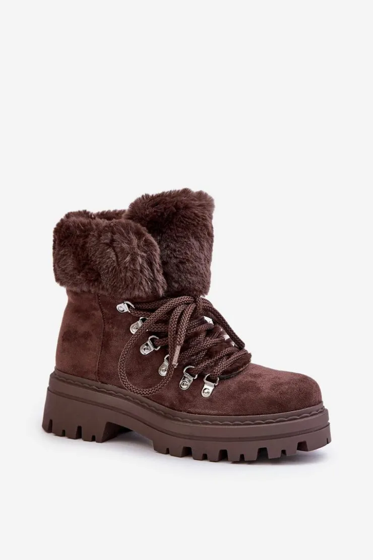 Clearance Boto Sznurowane Trapery Damskie Z Futerkiem Ciemnobrązowe Vaminia Brązowy