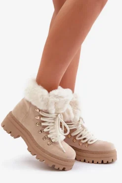 Damskie Boto Sznurowane Trapery Damskie Z Futerkiem Jasnobeżowe Vaminia